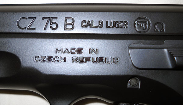 CZ 75B markings: CZ 75 B CAL. 9 LUGER Ω - MADE IN CZECH REPUBLIC